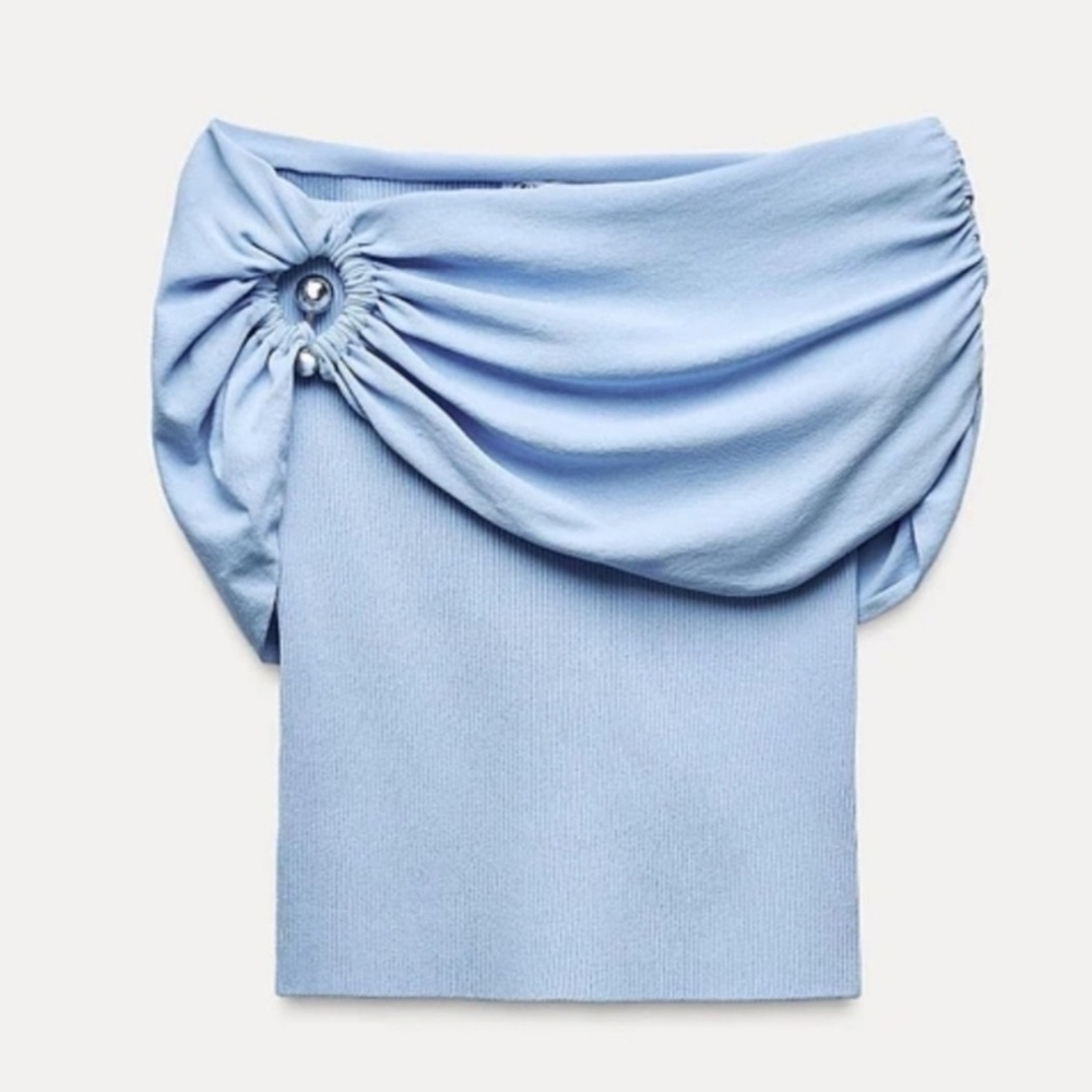ZARA NWT Light Blue Off-Shoulder Top Size XS. - Picture 3 of 11